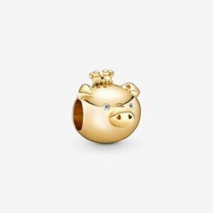 Pandora Gold Piggy Crown Charm with Clear Stones